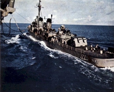 USS Theodore E. Chandler (DD-717), refueling from the aircraft carrier USS Essex (CVA-9) during that carrier's deployment to the Western Pacific from 1 July 1956 to 26 January 1957.