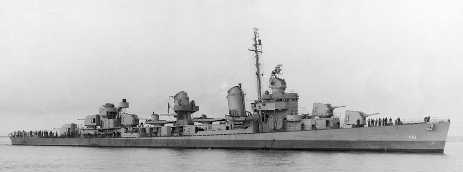 USS Chevalier (DD-451)  In Boston harbor, Massachusetts, on 24 October 1942 just prior to departing to escort a convoy during the invasion of North Africa. This is a cleaned version of an original photograph in National Archives' Record Group 19-LCM.  Official U.S. Navy Photograph, from the collections of the Naval History and Heritage Command.